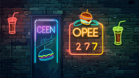 Illuminated Shawarma Eatery Open 24/7 with Neon Signage in Brick Settingのイラスト素材