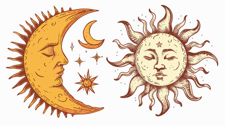 Retro Sun, Moon, and Stars Composition Isolated on White Backgroundのイラスト素材