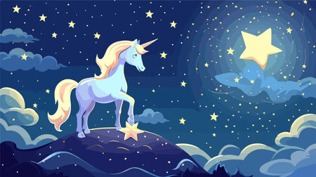 The Mythical Unicorn Standing on a Fallen Star in the Starry Night Skyのイラスト素材