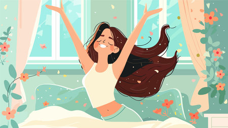 Cheerful Young Girl Stretching in the Warm Sunlight of a New Dayのイラスト素材