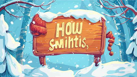 Winter Greeting Sign on a Wooden Frame in Snowy Sceneのイラスト素材