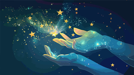 Enchanted Starry Sky in the Palm of a Hand: Concept of Mystical Magic in Vector Illustrationのイラスト素材