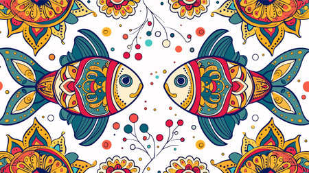 Two Auspicious Fish Embellished with Ornate Indian Motifsのイラスト素材