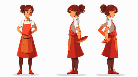 Waitress Adorned in an Apron Posing on a White Backgroundのイラスト素材