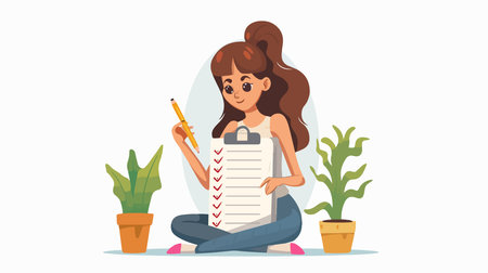 Woman Satisfies a Long To-Do List with a Determined Tickのイラスト素材