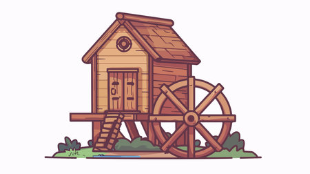 Vintage Wooden Watermill Isolated Icon: Symbolism of Historic Power and Graceのイラスト素材