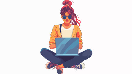 Crossed-legged Woman Working on her Laptop in Vector Illustrationのイラスト素材