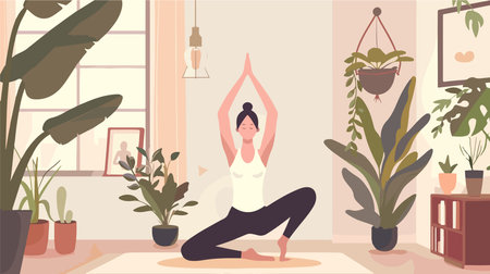 Person practicing yoga at home in the morningのイラスト素材