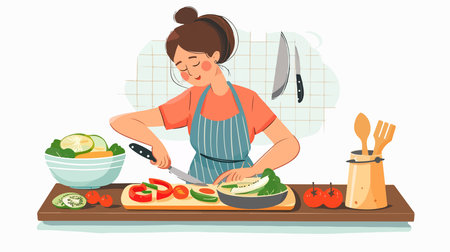 Chef Diligently Cuts Vegetables on a Cutting Boardのイラスト素材