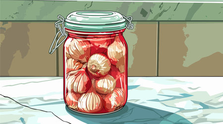 Close-up of Jar of Pickled Garlic on White Marble Table (Cartoon Illustration)のイラスト素材
