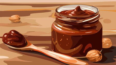 Closeup View of a Jar and Spoon Filled with Tasty Tamarind Sauce on a Tableのイラスト素材