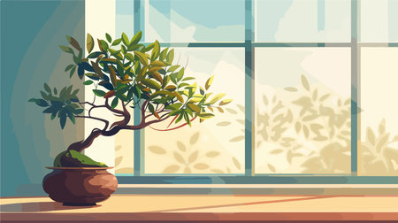 Serene Japanese Bonsai Plant Adorns Windowsill, Creating a Tranquil Indoor Havenのイラスト素材