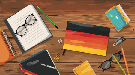 Learning German: A Study Book with Glasses and German Flagのイラスト素材