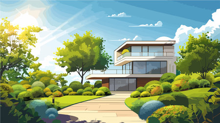Stunning Landscape featuring a Modern Home with a Flourishing Garden under Brilliant Sunshineのイラスト素材