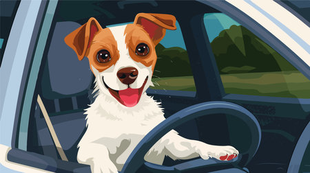 Adorable Jack Russel Terrier in Car: Cartoon Vector Illustrationのイラスト素材