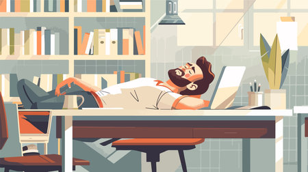 Person Stretching at Office Desk Cartoon Illustrationのイラスト素材