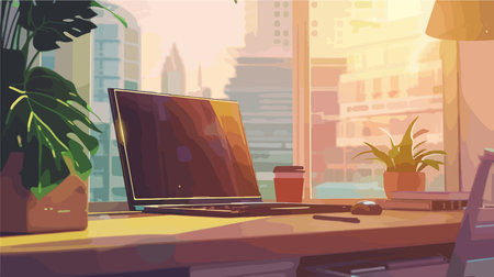 Modern Office Workstation with Laptop by Window Offering Ample Natural Lightのイラスト素材