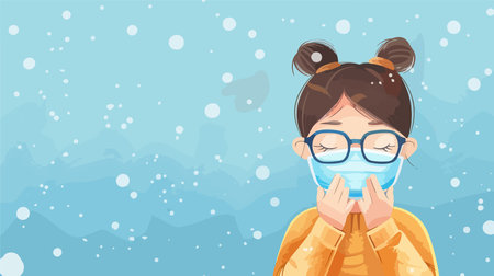 Young Child Wipes Away Fog from Thick Glasses Wearing Medical Maskのイラスト素材