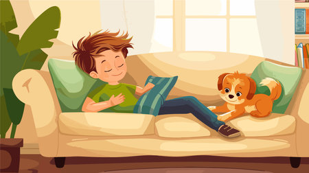 Adorable Boy and His Cute Dog Snuggling on a Comfortable Sofa at Homeのイラスト素材
