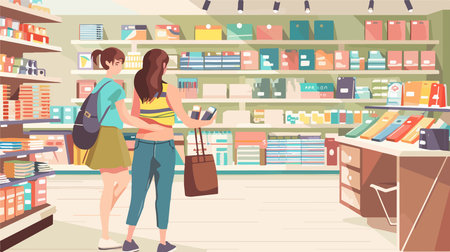 Mother and Daughter Selecting School Supplies at a Stationery Storeのイラスト素材