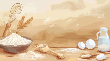 Ingredients for Baking Bread: Leaven, Flour, Whisk, and Water on Wooden Surface Tabletopのイラスト素材