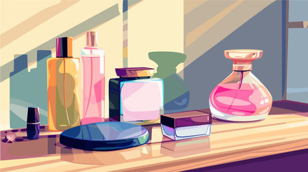 Assortment of Makeup and Perfume Products Displayed on Wooden Dressing Tableのイラスト素材