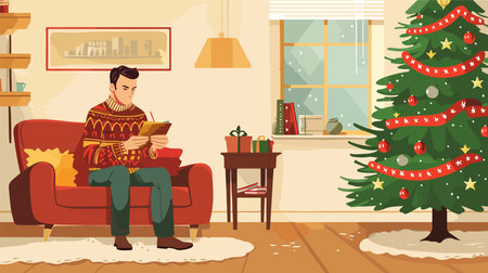 Writing Christmas Wishes with Greeting Card and Pencil in Living Roomのイラスト素材