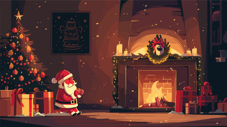 Delighted Child Receiving Christmas Presents from Santa Claus in Cozy Homeのイラスト素材