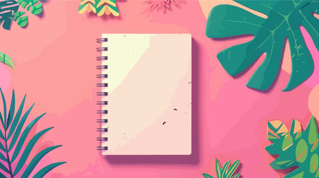 Flat Lay Composition with Notebook and Tropical Leavesのイラスト素材