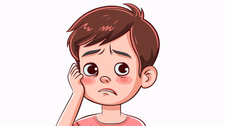 Small Child Experiencing Pain from Ear Infection on White Backgroundのイラスト素材