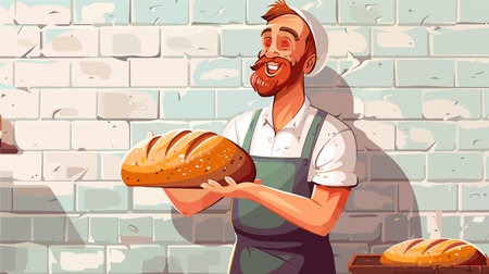 Breaking Freshly Baked Bread in Front of a White Brick Wallのイラスト素材