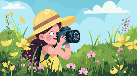 Young Child Photographer Captures Moment with Toy Camera Outdoorsのイラスト素材
