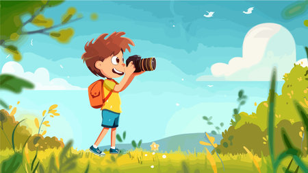 Young Child Photographer Captures Moment with Toy Camera Outdoorsのイラスト素材