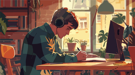 Man in Headphones Jotting Ideas into a Notebook in an Office Workspaceのイラスト素材