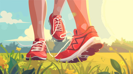 Someone preparing for an outdoor run by tying their shoelaces under a sunny skyのイラスト素材