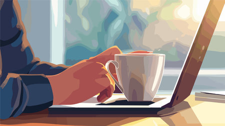 Person Working on Laptop with Coffee at Workplaceのイラスト素材