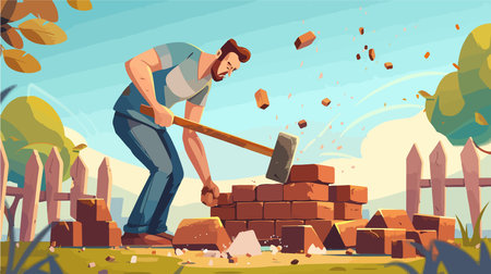 Outdoor Demolition Activity: Male Worker Using Sledgehammer on Bricksのイラスト素材
