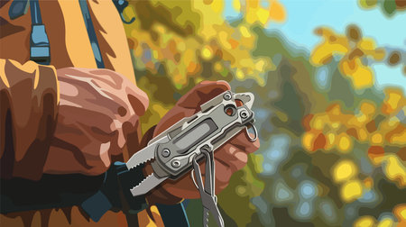 Man Using Outdoor Multitool for Camping, Close Up, Portable Tool for Repairsのイラスト素材