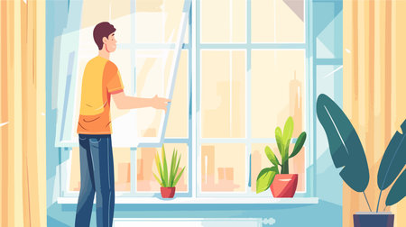 Installing Rubber Draught Strip on Window to Prevent Air Leakageのイラスト素材