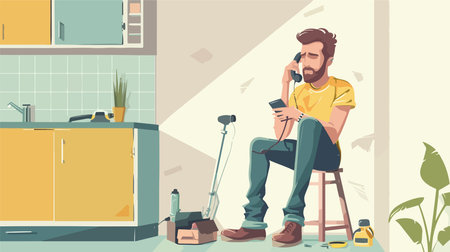 Man Occupied with Phone Call amid Ongoing Home Renovation Projectのイラスト素材