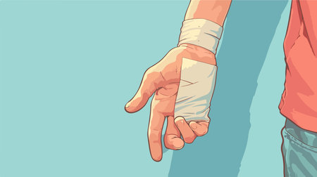 Injured Hand Covered in Assorted Bandages Under Lit Backgroundのイラスト素材