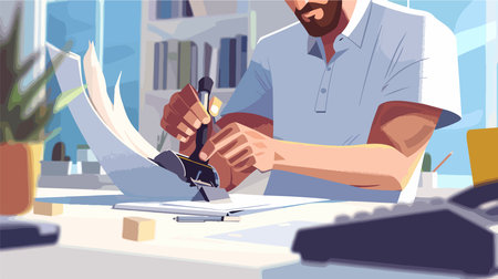 Person Using Stapler on White Table During Paperwork Closeupのイラスト素材