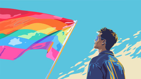 Man Holding the Rainbow LGBT Flag as a Symbol of Pride Outdoorsのイラスト素材