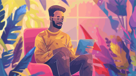 Young Man Video Conferencing Remotely on a Tablet Against a Vibrant Blue Backgroundのイラスト素材