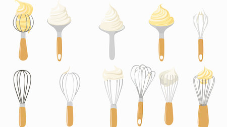 Assortment of Kitchen Whisks Dripping with Creamy Goodness on a White Backgroundのイラスト素材
