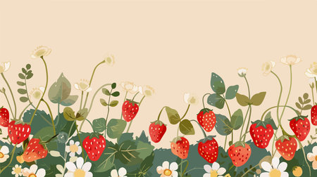 Myriad Fresh Wild Strawberries Blossoms and Foliage on Beige Backgroundのイラスト素材