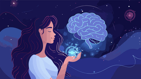 Woman Contemplating the Mysteries of Memory with Brain Illustration