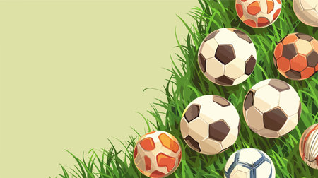 Assortment of Sports Balls Scattered on a Lush Green Lawn: A Vibrant Displayのイラスト素材