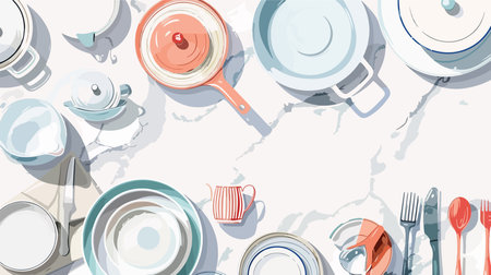 Immaculate White Marble Tabletop Display of Clean Dishwareのイラスト素材