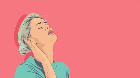 Mature Woman with Itchy Neck on Colorful Backdropのイラスト素材